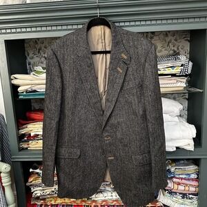 Daks Vtg Tweed Jacket Mens Black 100% Wool Herringbone Blazer Leather Accents